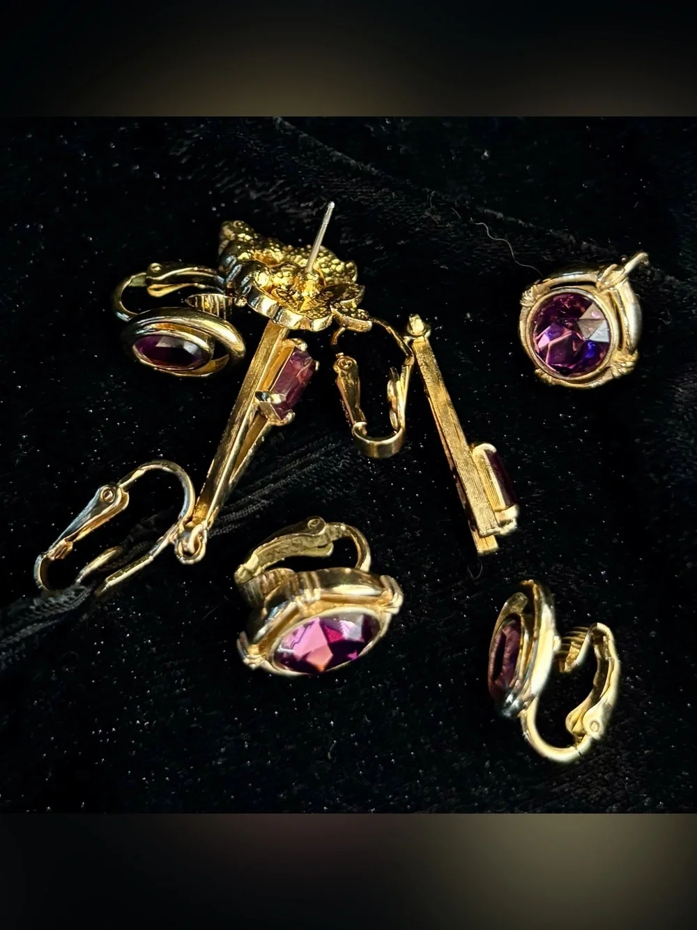 VINTAGE Lot purple Earrings Faux Amethyst Stamp TRIFARI and AVON clip on pierced